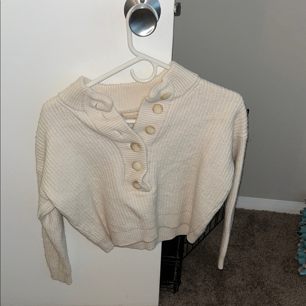 Sezane Ivory Buttoned Cowl Neck Sweater